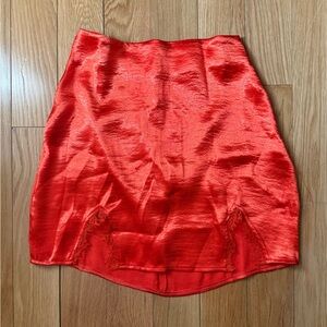 Satin Lace Trim Split Hem High Waist Mini Skirt